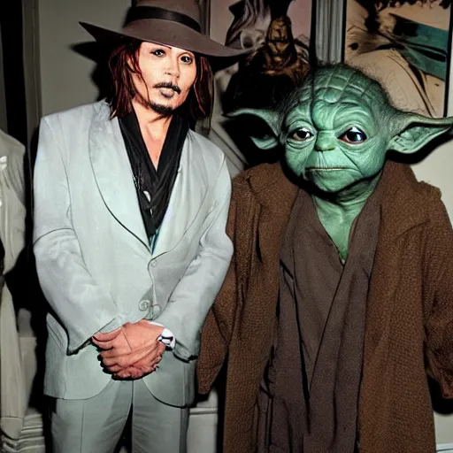 Image similar to Yoda hanging out with Johnny Depp