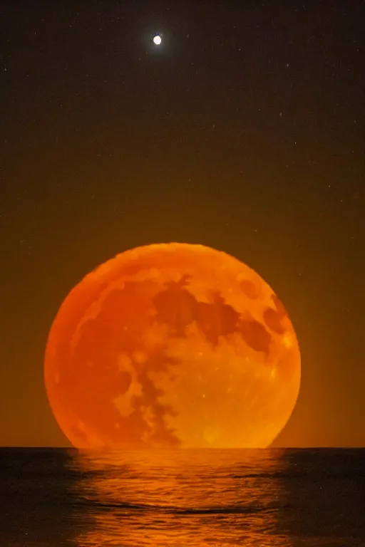 Image similar to red moon reflecting in the sea, night, low angle, realistic photo