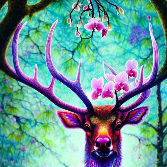 Image similar to extremely psychedelic elk made of orchid and cherry blossom tree and mushroom, LSD, diffuse lighting, fantasy, intricate, elegant, highly detailed, lifelike, photorealistic, digital painting, artstation, illustration, concept art, smooth, sharp focus, art by John Collier and Albert Aublet and Krenz Cushart and Artem Demura and Alphonse Mucha