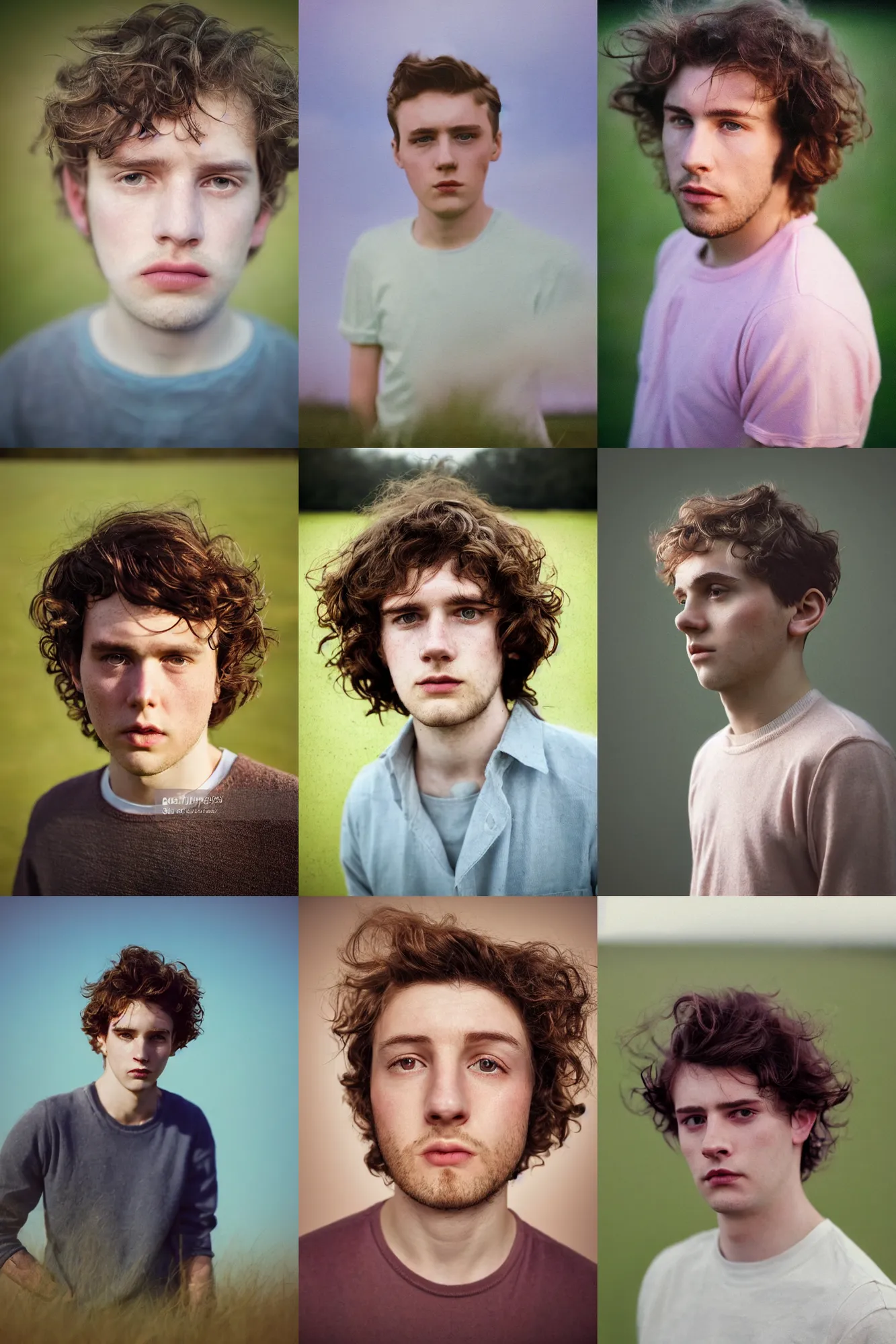 Prompt: an ultra high definition pastel coloured vintage wide angle photograph of a handsome dopey young man with short medium wavy black brown messy hair triangle head sat in an empty field. three point lighting. volumetric. refraction. extremely detailed. soft focus. ambient light sources. haze artefacts, light glare, art directed. filmic. stark.