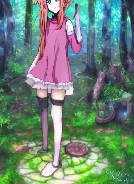 Prompt: An anime catgirl stands next to a ruined portal in a magical forest, detailed digital art