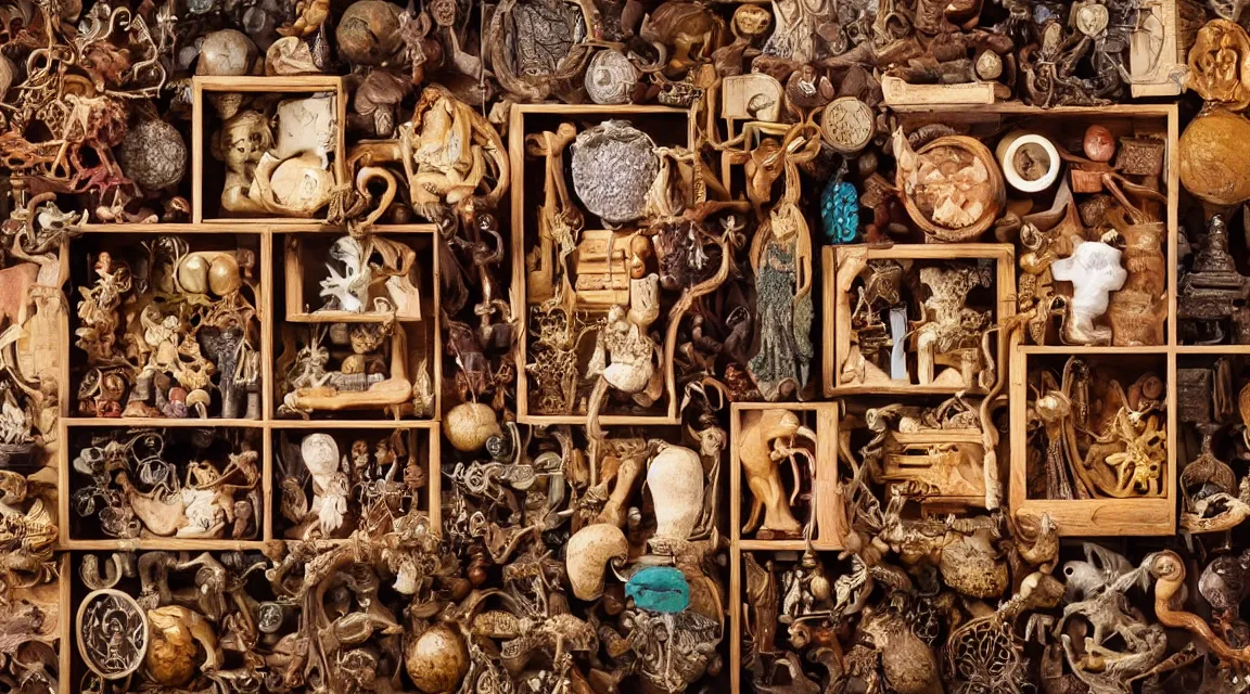 Prompt: wooden box with cabinet of curiosities neatly ordenend with strange natural artifacts and wonders of the world, photo realistic, professional photo, by Steve McCurry