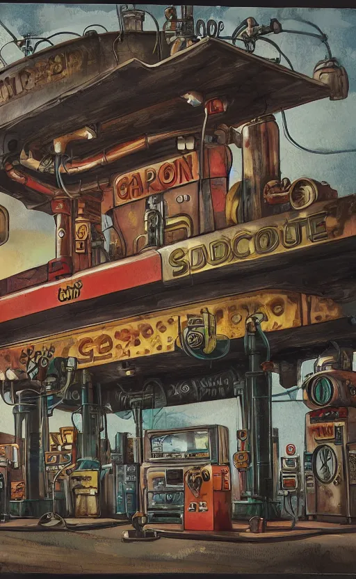 Image similar to steampunk gas station, closeup, gouache, sci - fi, cinematic