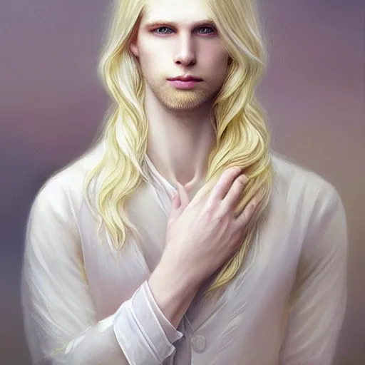 Image similar to Portrait of magical blond prince, very very very very pale white skin, long silky rich golden hair, dreamy and ethereal, pastel blue eyes, peaceful expression, ornate frilly regal shirt, fantasy, intricate, elegant, dynamic lighting, highly detailed, digital painting, artstation, concept art, smooth, sharp focus, illustration, art by artgerm and greg rutkowski and alphonse mucha