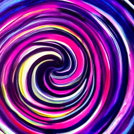 Prompt: abstract acrylic of a spiral vortex, purple magenta blue iridescent colors, dynamic curves, pouring techniques