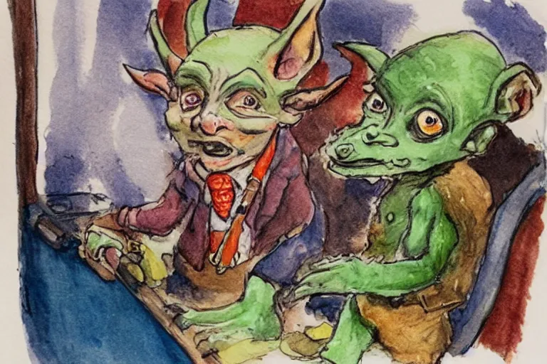 Prompt: A goblin dressed as a merchanic riding a train in a bar, watercolors by 5 year old