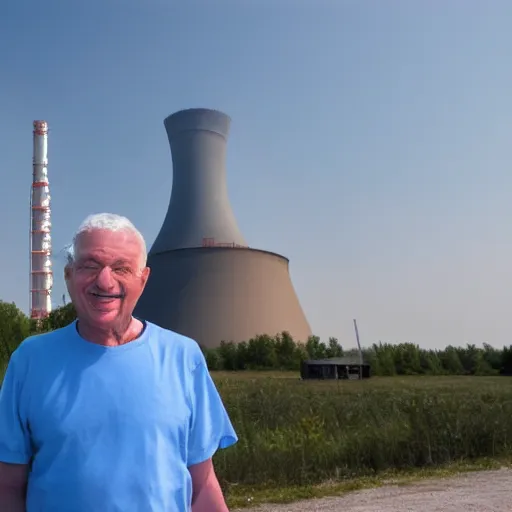 Prompt: a cheery man, on holiday at chernobyl nuclear plant, glowing background