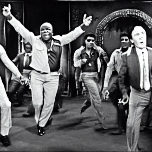 Image similar to A movie still of Idi Amin dancing in Satuday Night Fever