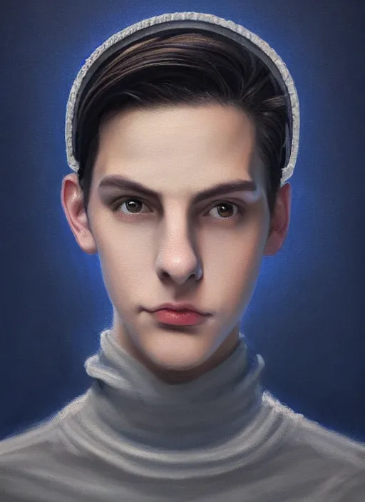 Image similar to portrait of teenage jughead jones wearing a light grey crown, crown, blue turtleneck, 1 9 5 0 s, closed eyes, photorealistic, black hair, glowing lighting, intricate, elegant, glowing lights, highly detailed, digital painting, artstation, concept art, smooth, sharp focus, illustration, art by wlop, mars ravelo and greg rutkowski