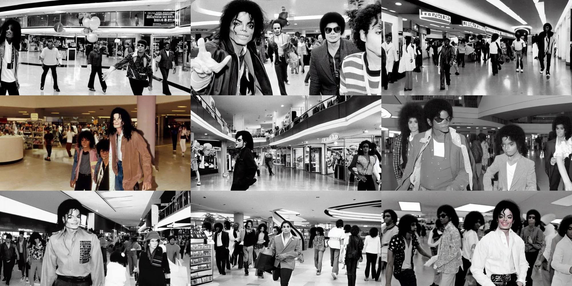 Prompt: michael jackson in a 1 9 8 0 s shopping mall with 4 floors