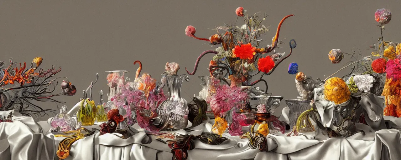 Prompt: ultradetailed reailistic still life with jelly flowers by ernst haeckel, caravaggio, roger dean and andrei tarkovsky, beautiful grey drapes and colourful vases, tentacles, wide angle, cinematic, rich ethereal colours, octane render, bokeh, unreal engine, 4k 3d render
