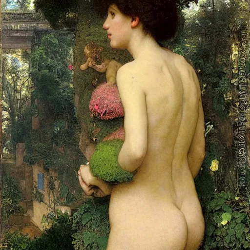 Image similar to a renaissance oil painting by alma tadema of a minion turned back on a stone balcony covered in moss with over shoulder view on a magical jungle, colourful pastel, detailed academic bouguereau, sharp focus, long shot