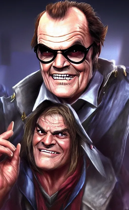 Image similar to Jack Nicholson as a character in the game League of Legends, with a background based on the game League of Legends, detailed face, old 3d graphics