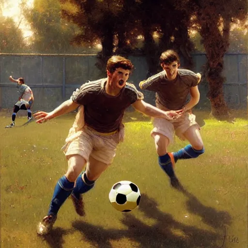 Image similar to 3 attractive male friends bonding time playing soccer. highly detailed painting by gaston bussiere, craig mullins, j. c. leyendecker, 8 k