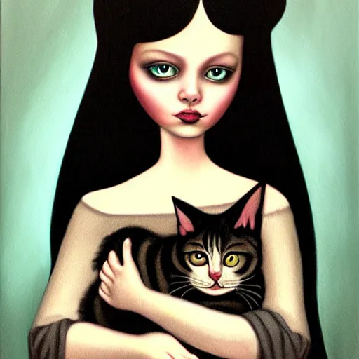 Image similar to a painting of a woman holding a cat, a character portrait by mark ryden, featured on deviantart, gothic art, tarot card, deviantart, gothic