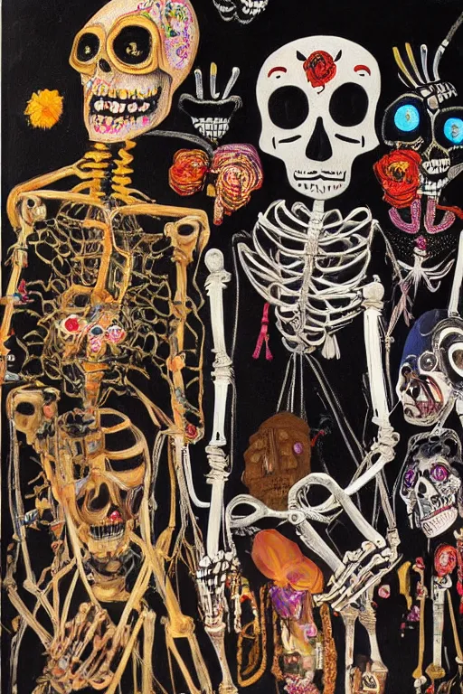 Prompt: scene from a art gallery, celebrating day of the dead, cyber skeletons, queen in black silk in the center neon painting by otto dix