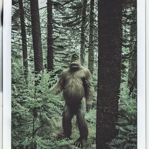 Image similar to a polaroid photo capturing bigfoot in the forest