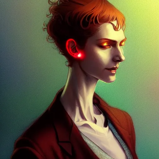 Prompt: detailed character full body portrait of a skinny androgynous feminine merchant smirking white button shirt on smoky neon background artgerm greg rutkowski mucha