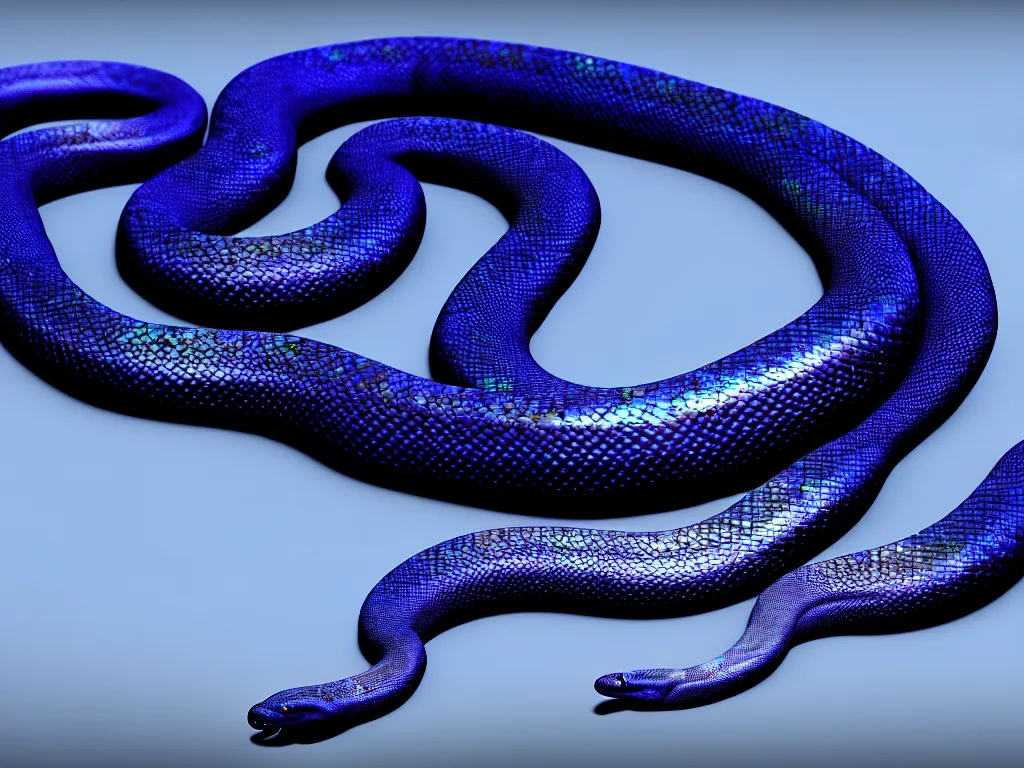 Image similar to a beautiful large eastern indigo snake, iridescent scales, 4 k, trending on artstation, award winning, photorealistic, volumetric lighting, octane render,