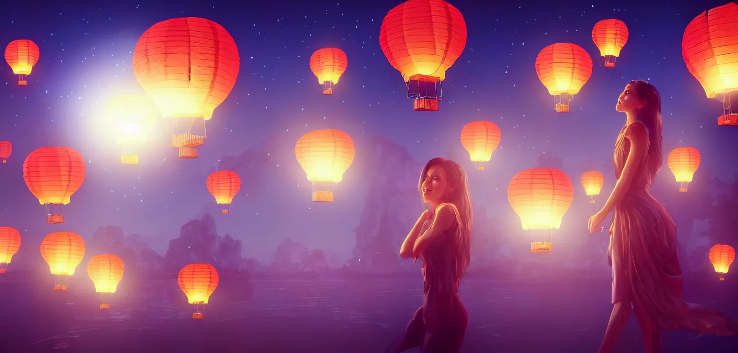 Prompt: mystical scene floating lanterns. portrait woman on the background a hot air balloon in the middle neon lights | | sunny night, full moon, dreamlike art, realistic shaded, smile, good looking, hyper details, 4 k realistic, cryengine, realistic shaded lighting poster by artgerm, ross tran, fuji choko, 8 k resolution, trending on artstation, luxury