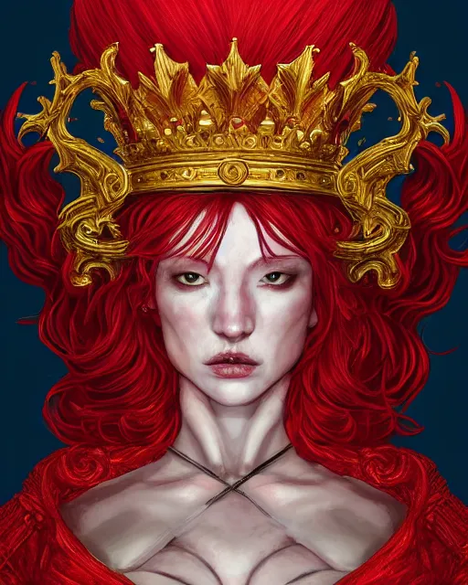 Prompt: redhead queen knight in red armor, exposed beating heart in chest with gold veins, inside grand hall in castle with rococo aesthetic, crown, scar face, elden lord, intimidating, high fantasy, intricate detail, digital painting, artstation, concept art, smooth, sharp focus, illustration, art by yoshitaka amano and monia merlo and wlop