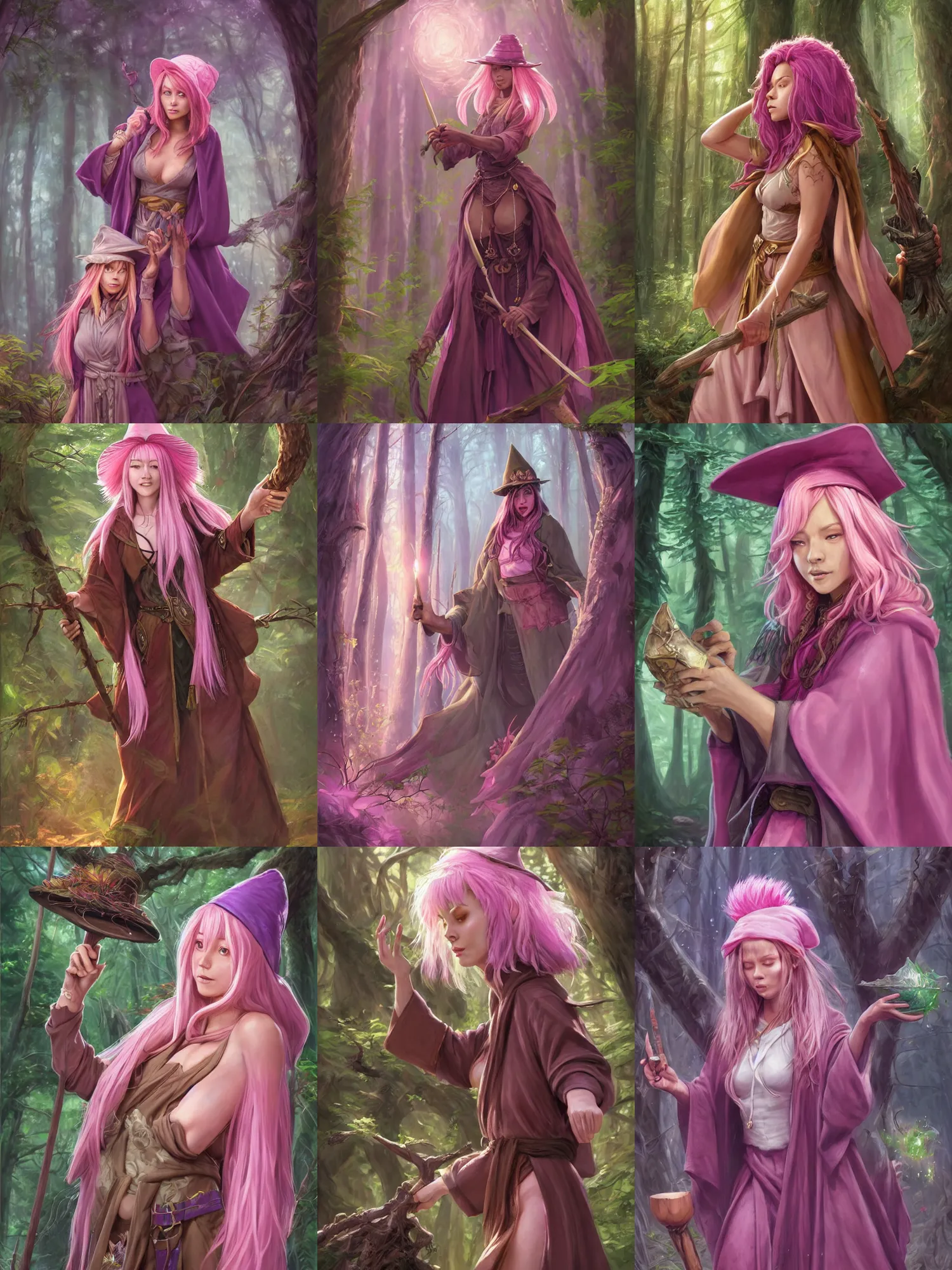 Prompt: picture of cute female wizard in the forest, ferred - themed robes and hat, pink hair, brown skin, energetic, high fantasy, highly detailed, detailed faces, smooth, sharp focus, chiaroscuro, digital painting, concept art, artgerm and moebius and jon mcnaughton