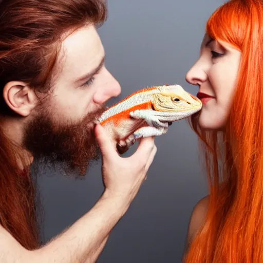 Prompt: a man gently slapping a woman in the face with a lizard. The man has a dark well groomed beard, the woman is attractive with straight red orange hair in the face with a lizard