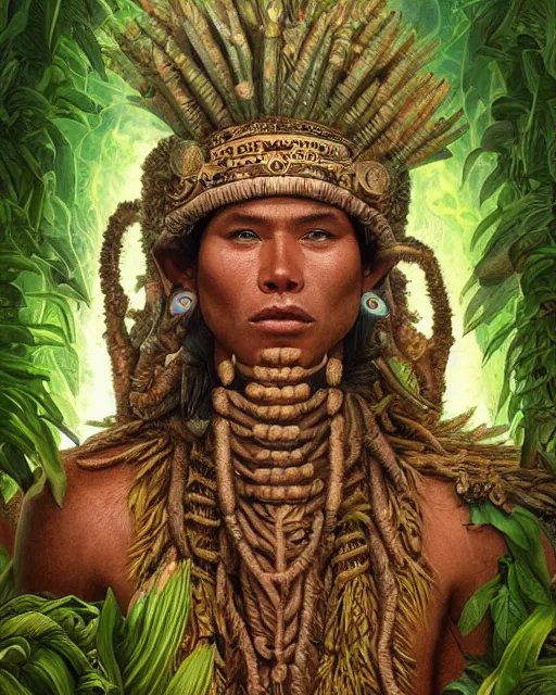 Image similar to digital painting of hun - hunahpu, mayan god of maize and vegetation by filipe pagliuso and justin gerard, symmetric, fantasy, highly detailed, realistic, intricate, portrait, sharp focus, tarot card