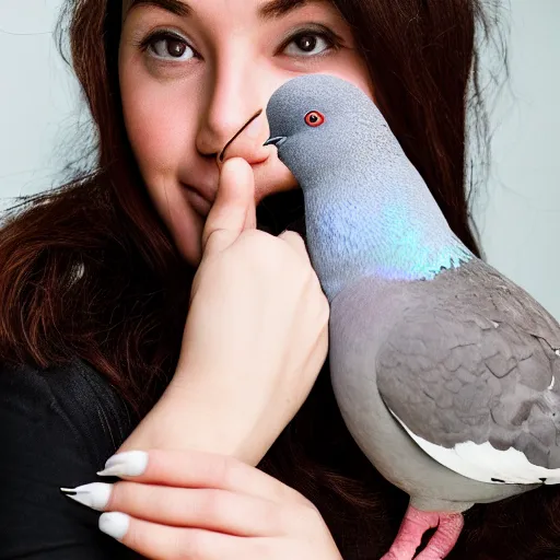 Image similar to portrait of woman who kissing a pigeon, realistic photography