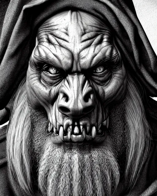 Prompt: orc, hyper realism, fine details, deviantart artstation, extremely detailed, black and white, very sharp, in the style of albrecht durer