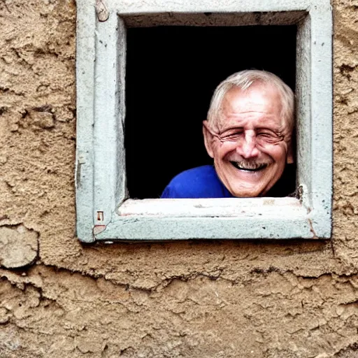 Prompt: an smiling old man peeking through a small door