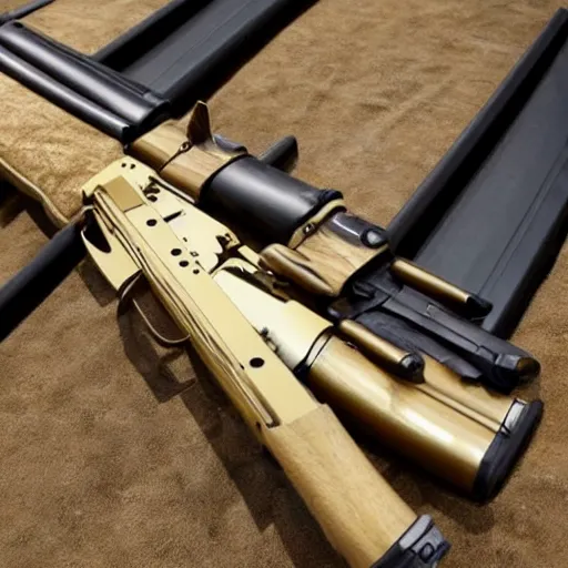 Prompt: ak - 4 7 : : gun showcase : : gold designs, wood