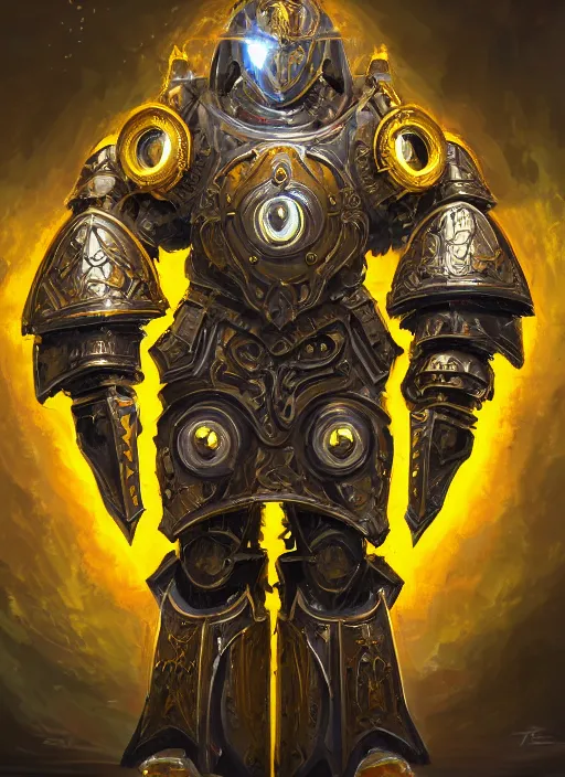 Image similar to full body, attack position abstract painting of a intricate ornate holy mechanical warforged with circular glowing eye, character in yellow armor holding a legendary paladin engraved holy great longsword and carrying a huge heavy paladin shield, vertically flat head, face in focus, epic , trending on ArtStation, masterpiece, cinematic lighting, by Ross Tran and by Greg Rutkowski