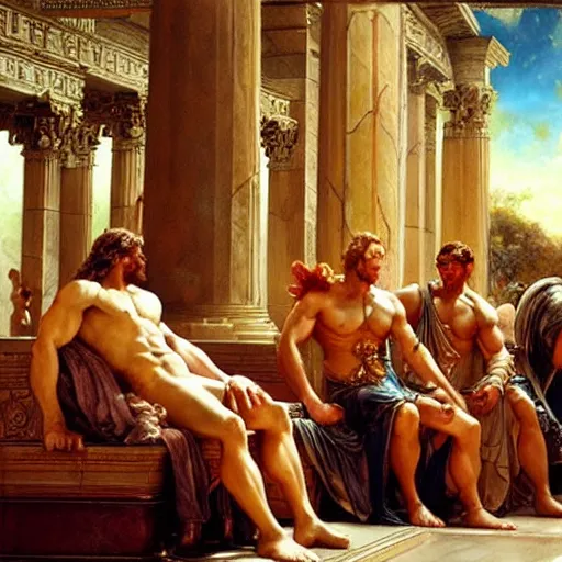 Image similar to hercules watches achilles while they wait in line to worship at zeus'feet, throne of olympus, heavenly marble, gods and goddesses in elegant clothes, painting by gaston bussiere, craig mullins, j. c. leyendecker, tom of finland