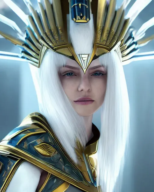 Image similar to perfect white haired attractive egyptian goddess, warframe armor, pharaoh headdress, beautiful, symmetric, dreamy, half asian, pretty face, green eyes, charlize theron, detailed, scifi platform, laboratory, experiment, 4 k, ultra realistic, epic lighting, android body, illuminated, cinematic, masterpiece, art by akihito tsukushi, voidstar