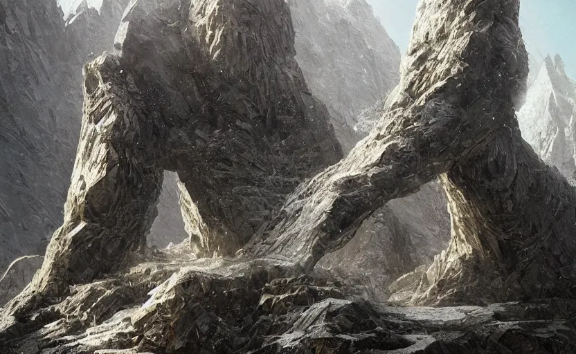 Image similar to a colossus made from transparent crystals, high in the mountains, greg rutkowski, 8 k, shallow depth of field, intricate detail, concept art,