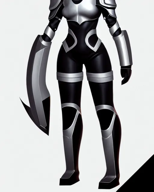 Image similar to concept art of a thicc female futurstic warrior, wearing a futuristic white helmet, futurstic black body smooth slim fitted armor, sleek design, aerodynamic design, holding a large futurstic robotic bow, full body image | | epic - fine - clean, polished, trending on artstation, brush strokes