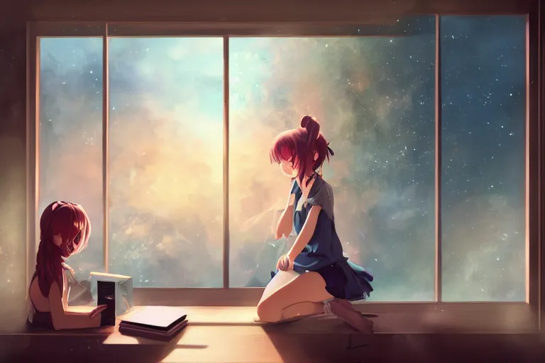 Prompt: a beautiful anime-style digital concept painting of a young woman studying alone in front of a window with a view of the universe, lofi beats, by Stanley Artgerm Lau, WLOP, Rossdraws, LeraPi, and Sakimichan, trending on artstation