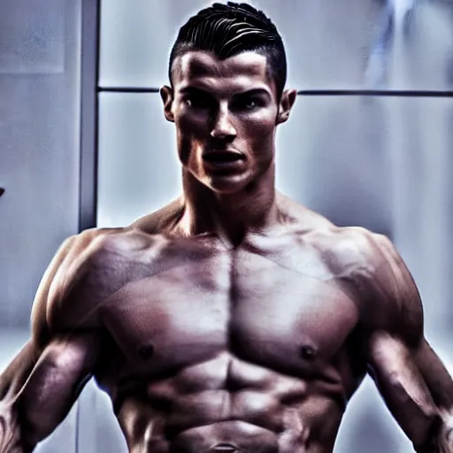 Image similar to a realistic detailed photo of a male fitness model who is also a male android, cristiano ronaldo, shiny skin, posing robotically, blank stare