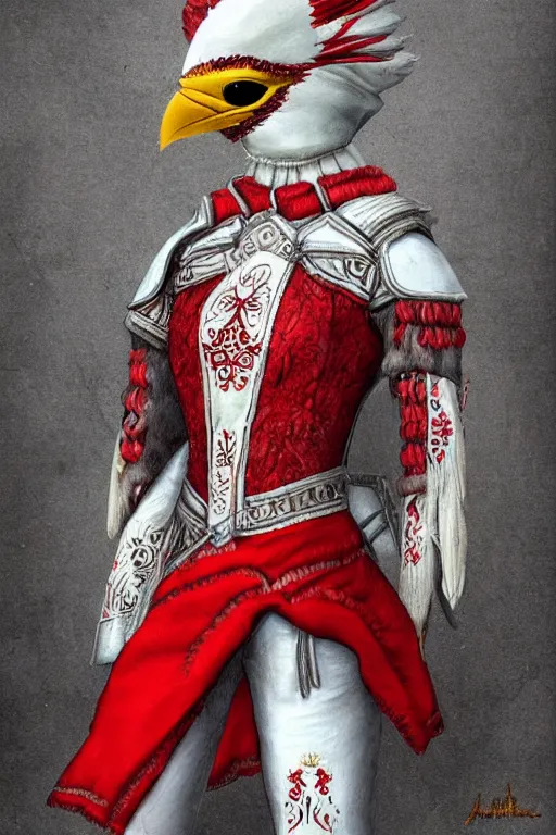 Image similar to female adventurer in tight full - body white embroidered leather armor of vyshyvanka design with red accents and a red porcelain crow mask, trending in artstation, ukrainian, establishing shot