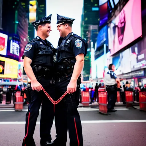 Image similar to 2 police officers handcuffing each other, smiling, time square, 4 k, photography