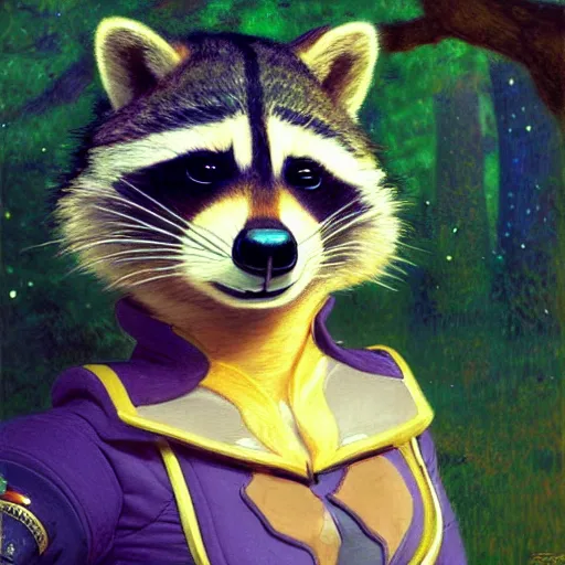 Prompt: a portrait of a female raccoon in starfleet uniform at night in a dark forest. zootopia fursona furaffinity furry art detailed face painting by gaston bussiere craig mullins jc leyendecker gustav klimt artgerm greg rutkowski furry