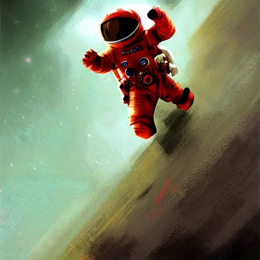 Prompt: movie poster, baby red astronaut with just two legs, digital art by Craig Mullins