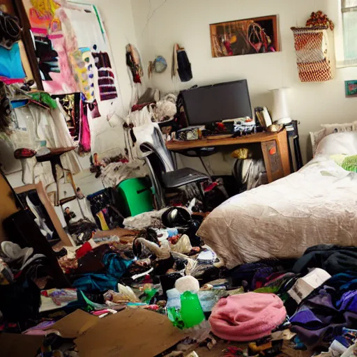 Image similar to very messy bedroom with random objects, clothes, and trash piled high in between the tv and the couch, where three stoner teens, one with messy hair and a beard, one with pale white skin and short side - swept hair, and one with pale white skin, long hair, and a goatee all playing video games