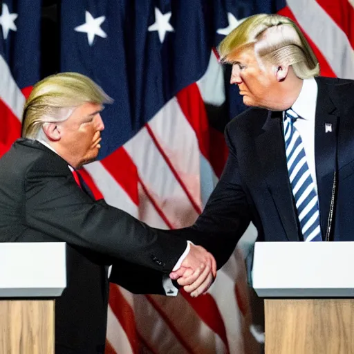 Prompt: press photo of donald trump shaking hands with a gray alien