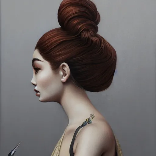 Image similar to tom bagshaw portrait, asian mix of dove cameron madison beer bella poarch in a full dress with long thin lustrous auburn hair, professionally retouched, focus eyes, ultra realistic soft painting, insanely detailed linework, symmetrical accurate intricate features, behance, 8 k