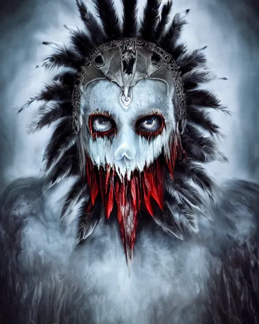 Prompt: wolf mutant ghost - spirit of the grim - warpaint wears the scarlet skull armor and native blood headdress feathers, midnight fog - mist!, dark oil painting colors, realism, cinematic lighting, various refining methods, micro macro autofocus, ultra definition, award winning photo, photograph by ghostwave - gammell - giger - shadowlord