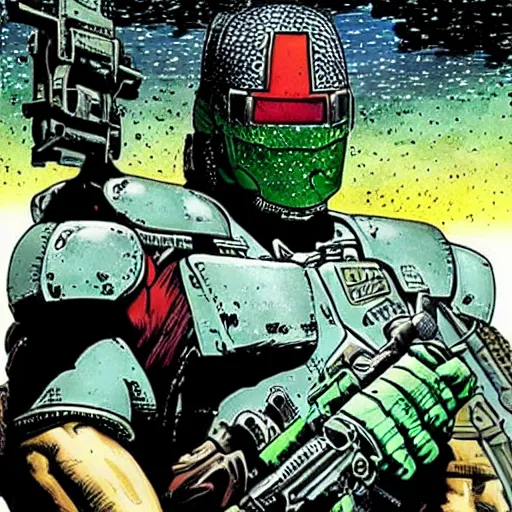 Prompt: sci - fi, dystopian bounty hunter, art by kevin eastman