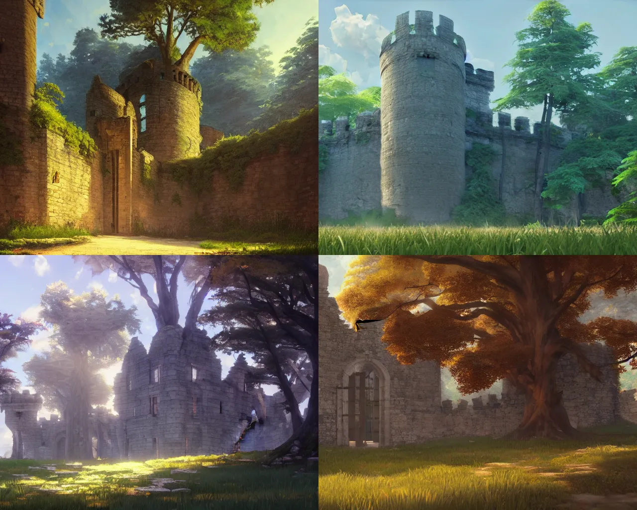 Prompt: The gates were shut again, locked tight. I never knew what lay on the other side. an oil painting of an old castle in a forest rendered in oil on canvas by Makoto Shinkai and jean-pierre ugarte unreal engine