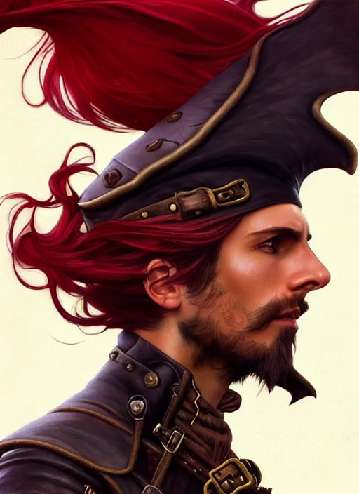 Image similar to male airship pirate, D&D, handsome, side profile, fantasy, intricate, long hair, leather coat, airship, steampunk, red hair, elegant, highly detailed, digital painting, artstation, concept art, smooth, sharp focus, illustration, art by artgerm and greg rutkowski and alphonse mucha